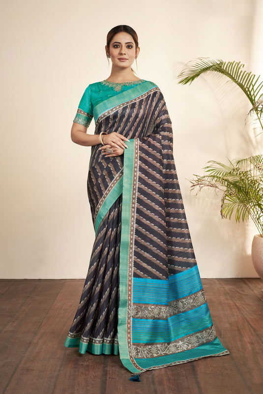 Navy Blue Color Bhagalpuri Silk Fabric Coveted Saree With Printed Work