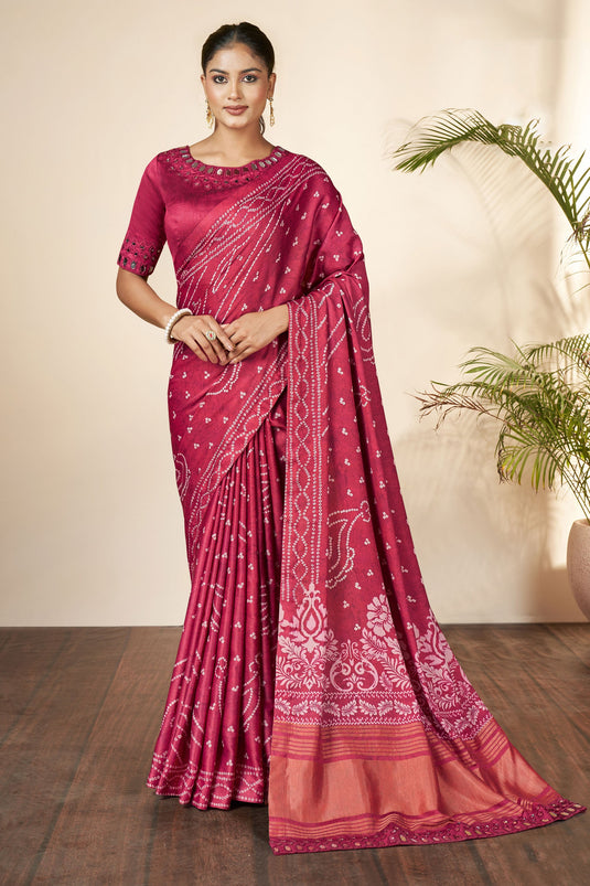 Gajji Silk Fabric Pink Color Riveting Saree With Printed Work