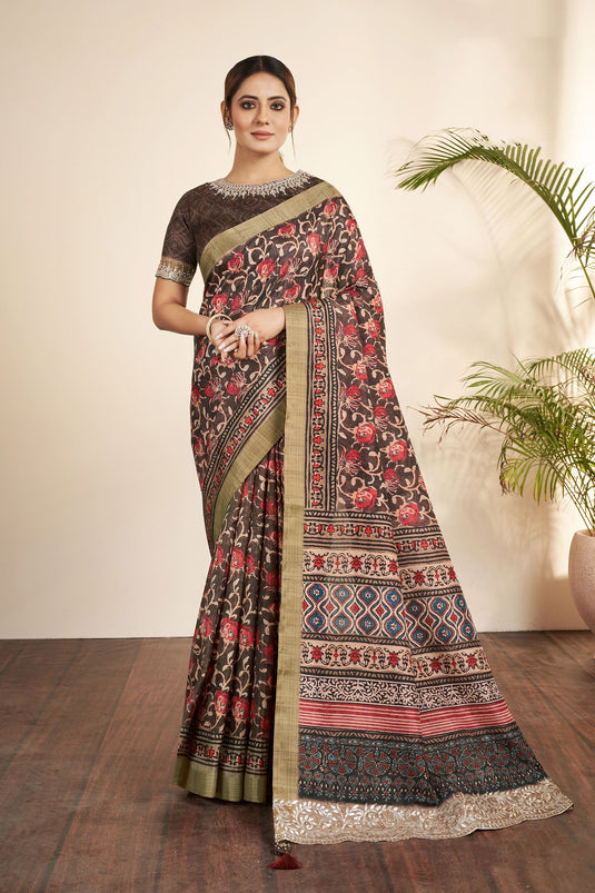 Bhagalpuri Silk Fabric Brown Color Patterned Saree With Printed Work