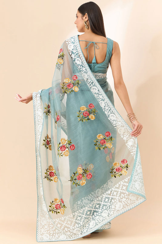 Attrective Organza Fabric Cyan Color Saree With Embroidered Work
