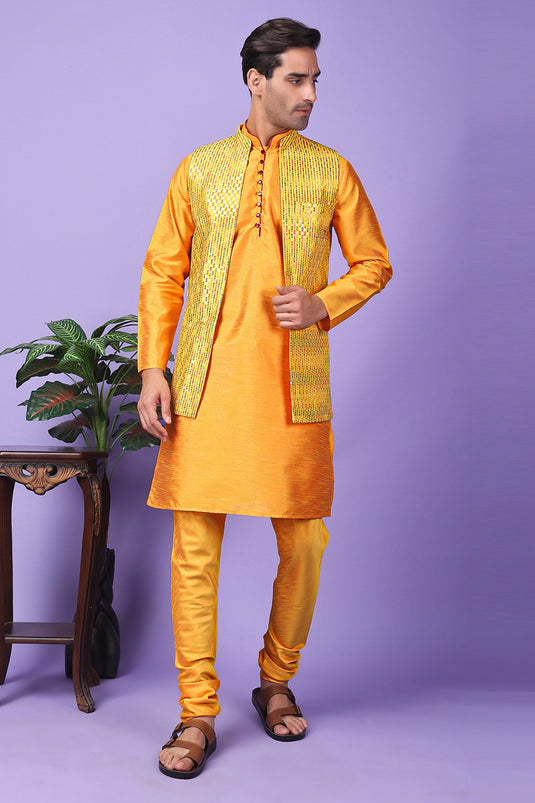 Gorgeous Orange Color Art Silk Fabric Function Wear Readymade Kurta Pyjama For Men With 3 Pcs Embroidered Jacket Set