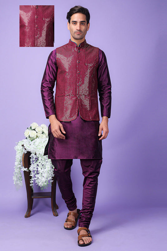 Art Silk Fabric Stunning Purple Color Function Wear Readymade Men Kurta Pyjama With Embroidered Jacket