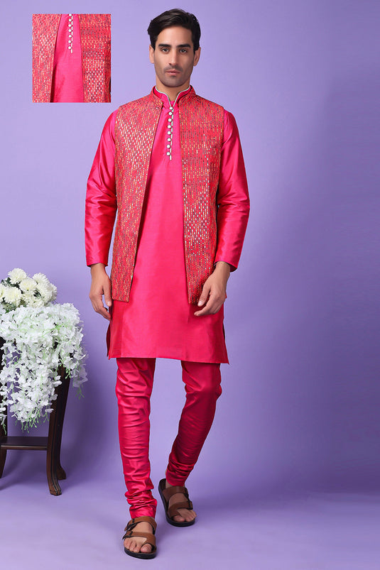 Art Silk Fabric Rani Color Ethnic Readymade Men Kurta Pyjama With Embroidered Jacket