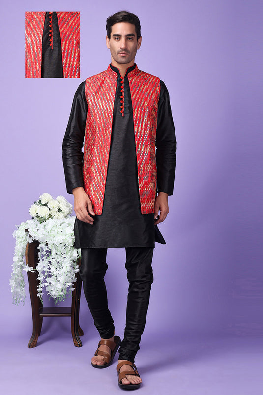 Black Color Art Silk Fabric Designer Long Readymade Men Kurta Pyjama With Embroidered Jacket
