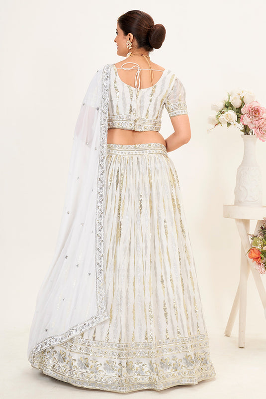 White Color Alluring Sequins Work Lehenga Choli In Georgette Fabric