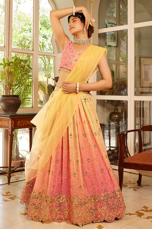 Sangeet special Multi Color Organza Silk Fabric Embroidered Lehenga