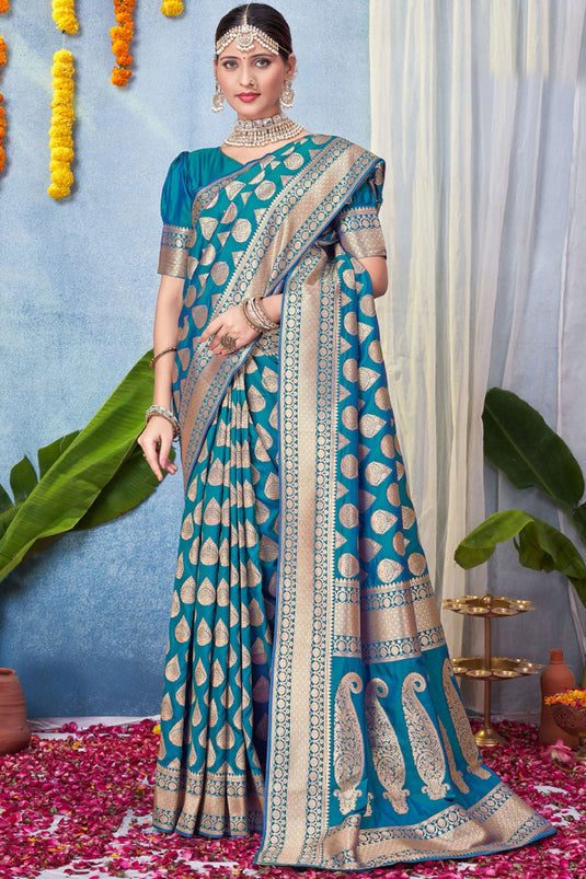 Function Wear Flamboyant Art Silk Fabric Saree In Teal Color