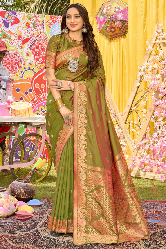 Alluring Mehendi Green Color Weaving Work Function Wear Silk Saree
