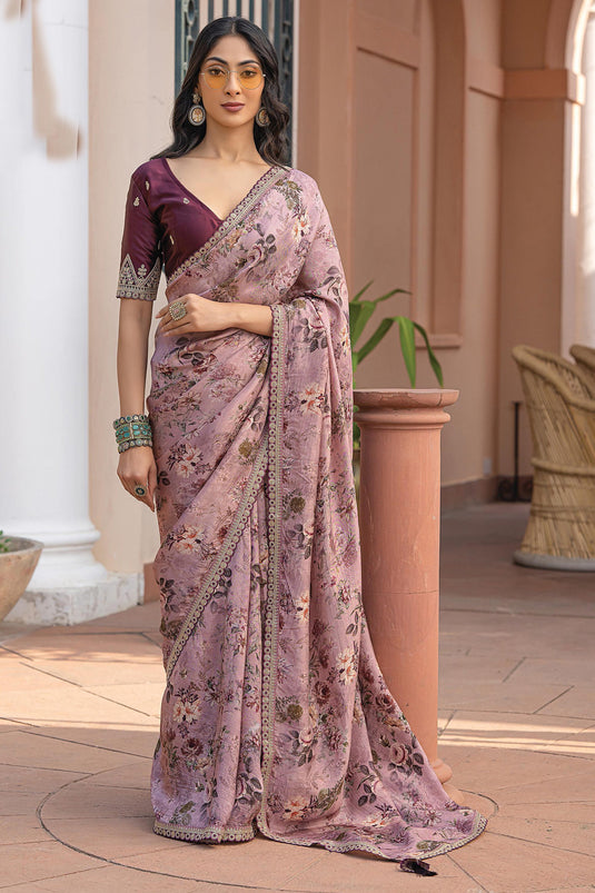 Beguiling Printed Work On Pink Color Viscose Fabric Saree