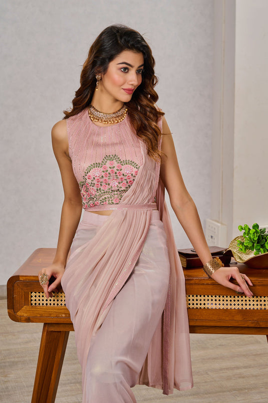 Embroidered Work On Pink Color Georgette Fabric Trendy One Minute Saree