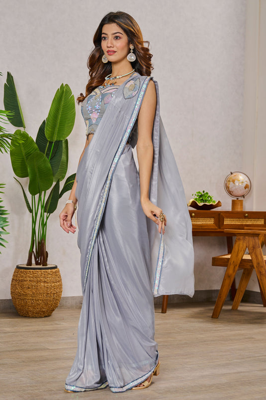 Engaging Grey Color Georgette Fabric One Minute Saree With Embroidered Work
