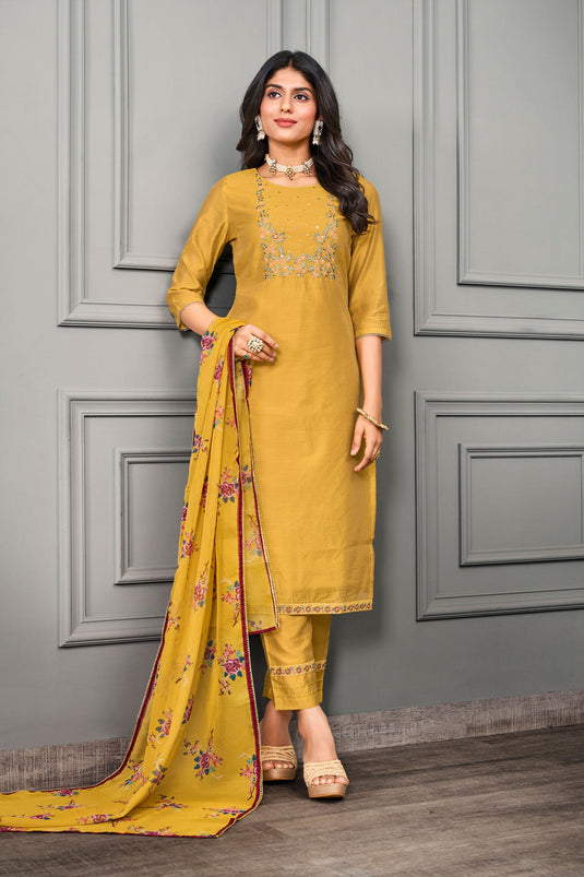 Blazing Yellow Color Festive Wear Cotton Silk Readymade Salwar Suit