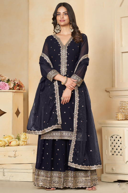 Contemporary Navy Blue Color Georgette Readymade Palazzo Suit For Party