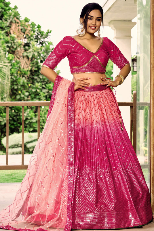 Elegant Pink Chinon Fabric Sangeet Wear Sequins Work Lehenga