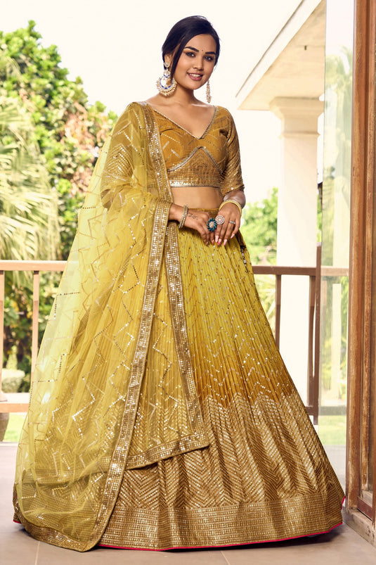 Yellow Chinon Fabric  Lovely Sangeet Wear Lehenga with Sequins Work