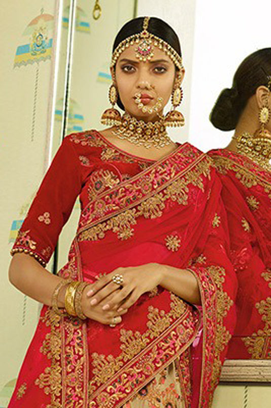 Beige Color Heavy Embroidered Satin Stylish Bridal Lehenga Choli