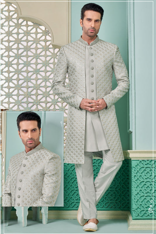 Banarasi Silk Fabric Readymade Grey Color Nawabi Style Indo Western
