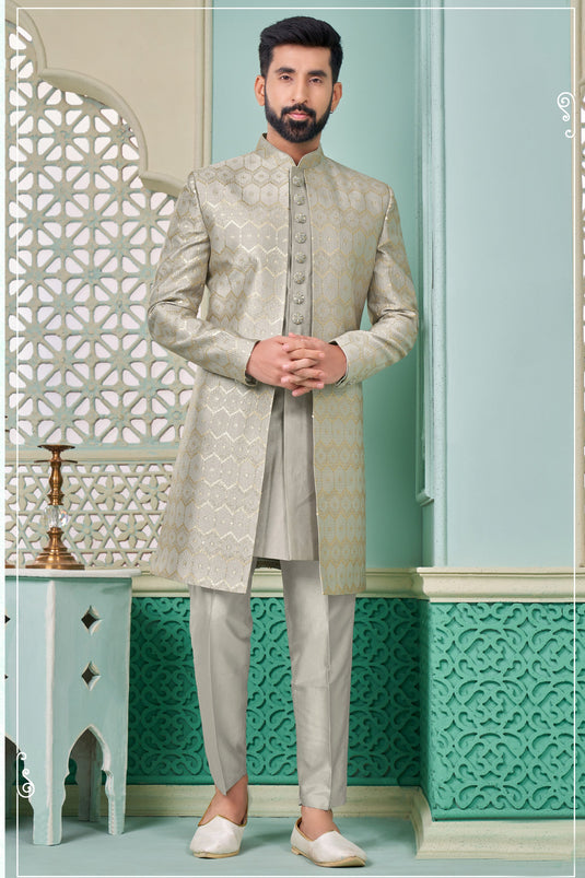 Banarasi Silk Fabric Readymade Nawabi Style Indo Western In Grey Color