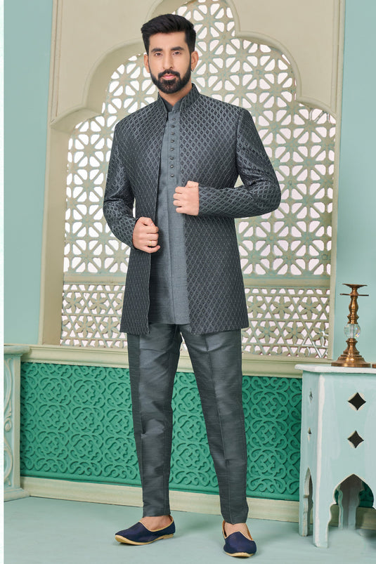 Appealing Grey Color Banarasi Silk Fabric Readymade Nawabi Style Indo Western