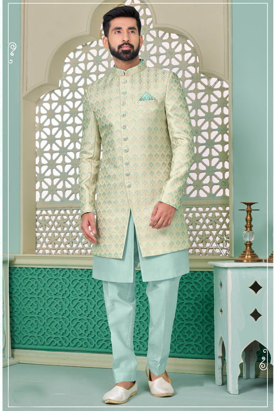 Sea Green Color Banarasi Silk Fabric Captivating Readymade Nawabi Style Indo Western