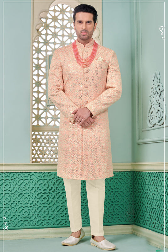 Banarasi Silk Peach Color Alluring Readymade Nawabi Men's Sherwani