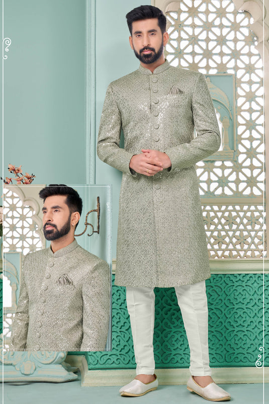 Grey Color Beautiful Banarasi Silk Fabric Readymade Nawabi Men's Sherwani