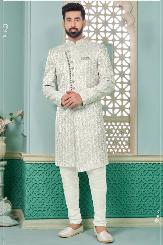 Fancy Fabric Off White Color Readymade Nawabi Men's Sherwani