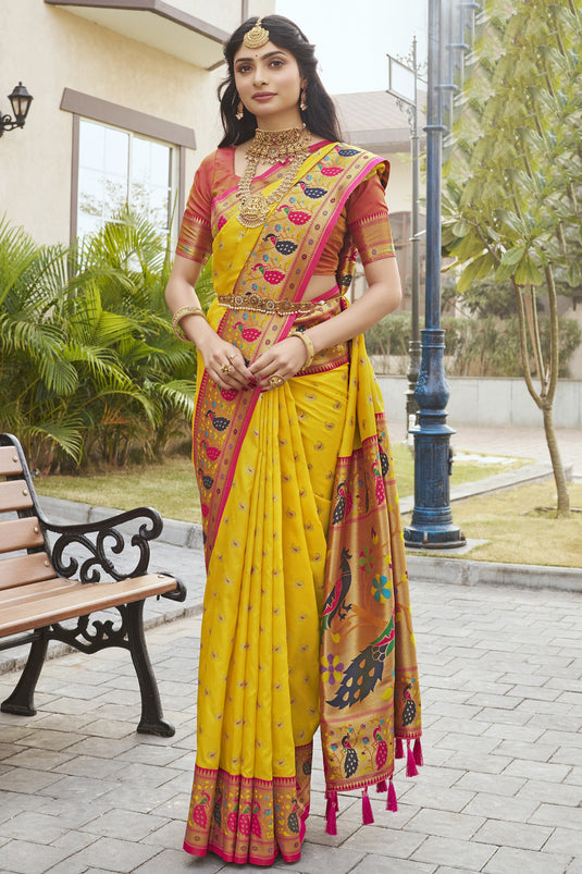 Ingenious Meenakari Work Yellow Color Paithani Silk Saree