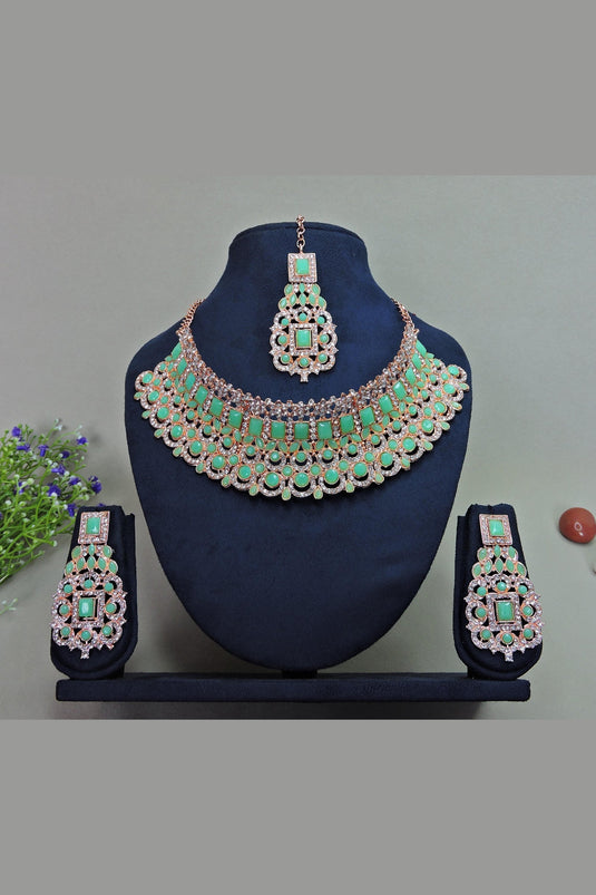 Excellent Green Color Alloy Necklace With Earrings and Mang Tikka