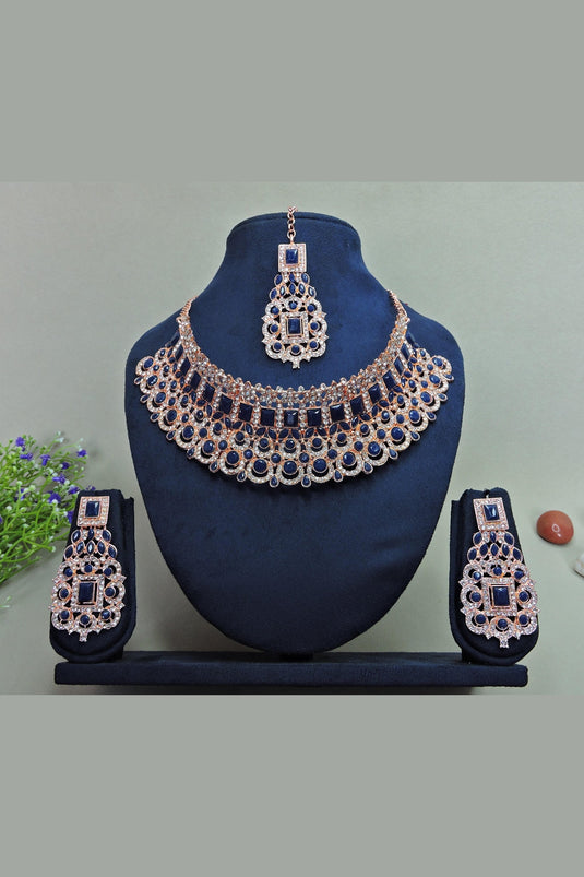 Blue Color Stunning Alloy Necklace With Earrings and Mang Tikka