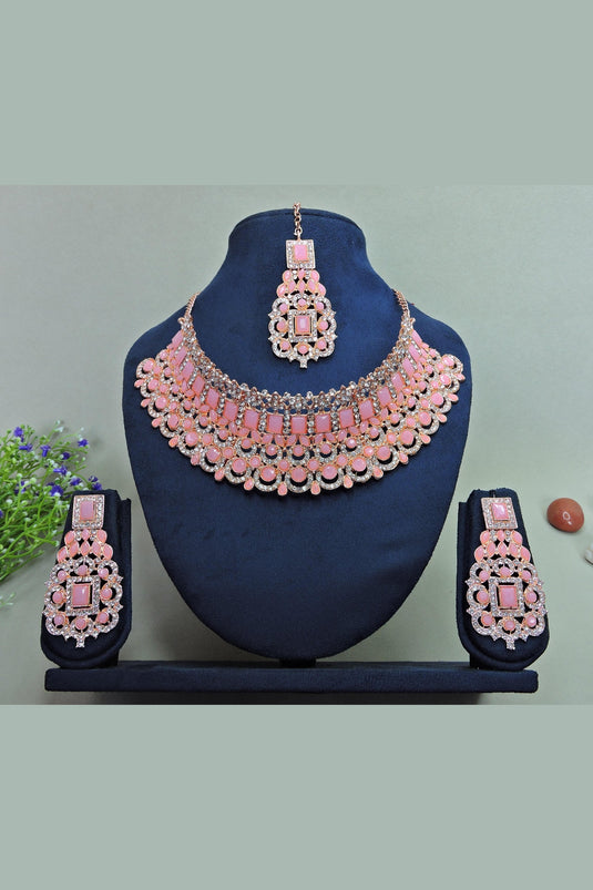 Incredible Pink Color Alloy Necklace With Earrings and Mang Tikka