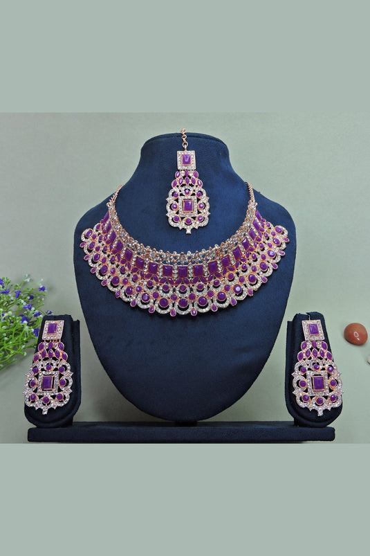 Tempting Purple Color Alloy Necklace With Earrings and Mang Tikka