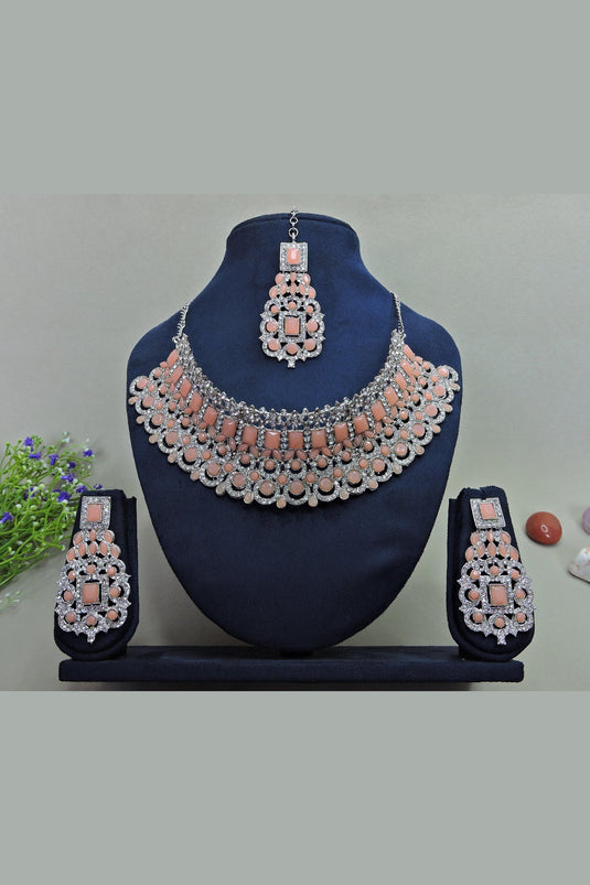 Classic Peach Color Alloy Necklace With Earrings and Mang Tikka