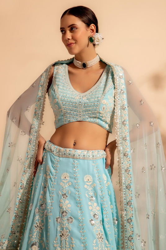 Engaging Light Cyan Color Georgette Fabric Lehenga With Sequins Work