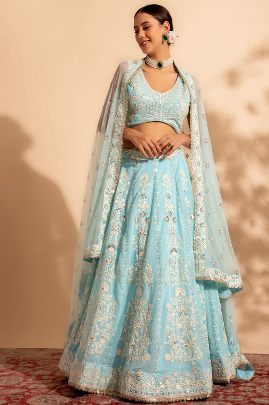 Engaging Light Cyan Color Georgette Fabric Lehenga With Sequins Work