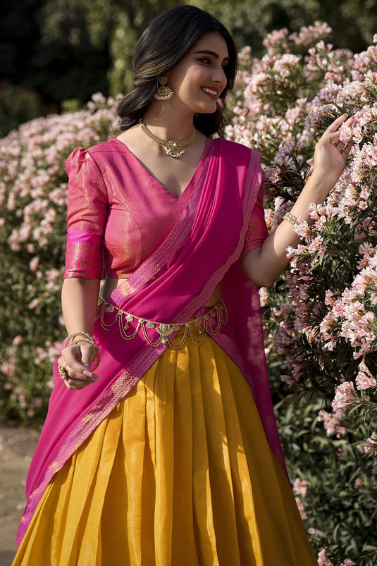 Mustard Color Alluring Kanchipuram With Zari Weaving Lehenga Choli In Art Silk Fabric