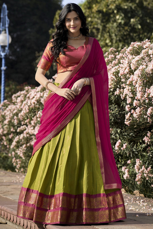 Sea Green Color Art Silk Function Wear Kanchipuram With Zari Weaving Beautiful Lehenga Choli