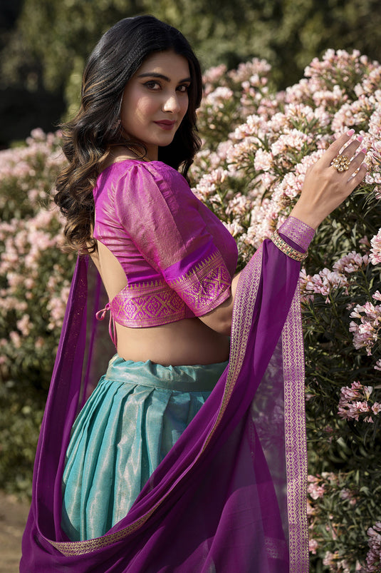 Function Wear Sky Blue Color Kanchipuram With Zari Weaving Lovely Lehenga In Art Silk Fabric