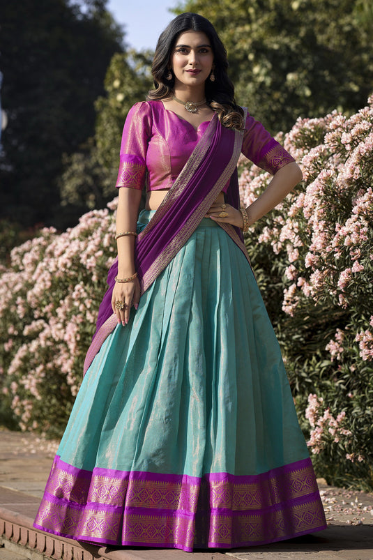 Function Wear Sky Blue Color Kanchipuram With Zari Weaving Lovely Lehenga In Art Silk Fabric