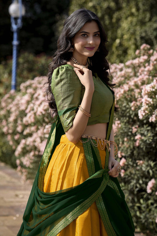 Trendy Kanchipuram With Zari Weaving Yellow Color Art Silk Function Wear Lehenga Choli