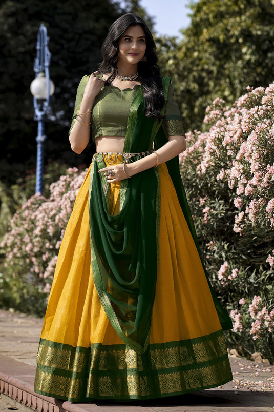 Trendy Kanchipuram With Zari Weaving Yellow Color Art Silk Function Wear Lehenga Choli
