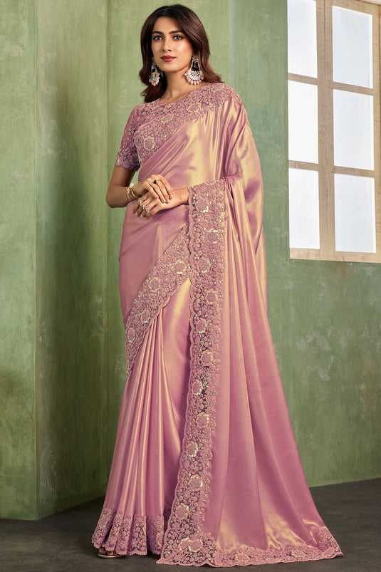 Engaging Pink Color Satin Fabric Saree With Border Work
