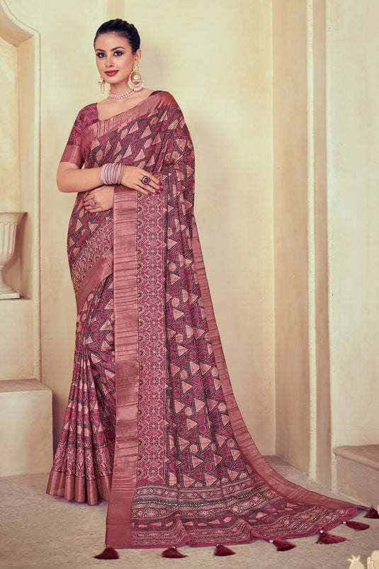 Dola Silk Pink Color Attractive Printed Saree With Blouse