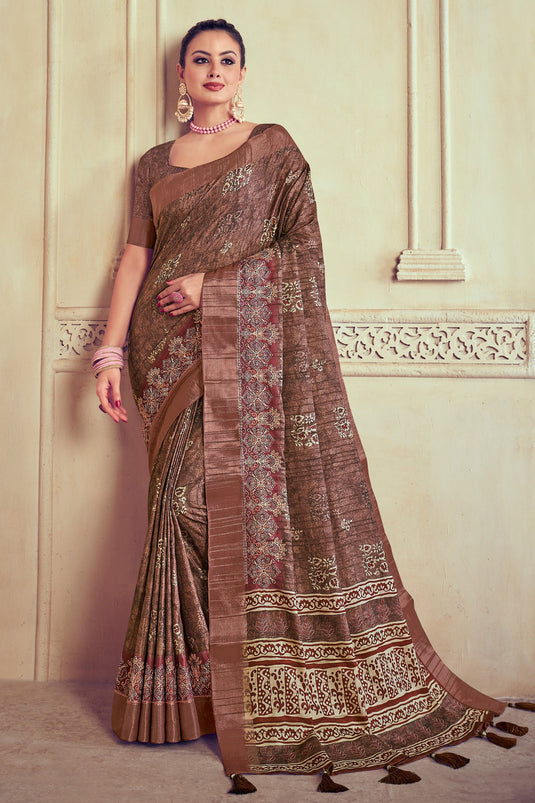 Printed Brown Color Dola Silk Fabric Function Wear Saree