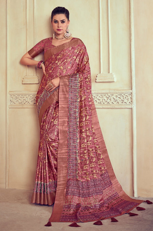 Dola Silk Pink Color Festive Wear Saree With Printed Blouse
