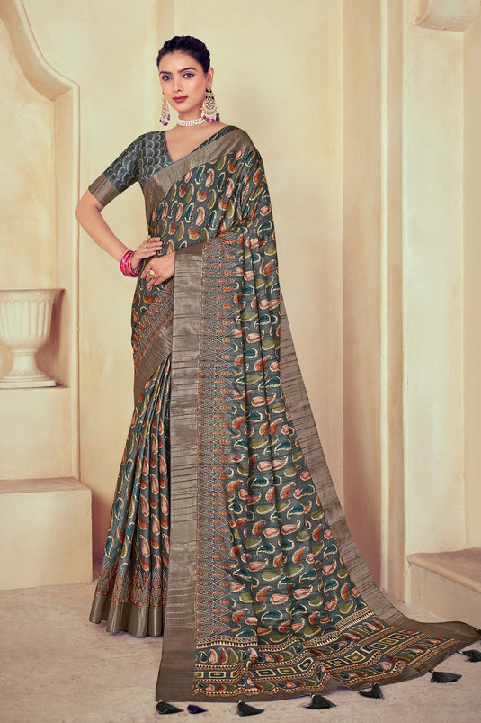 Dola Silk Fabric Multi Color Beautiful Saree With Printed Blouse