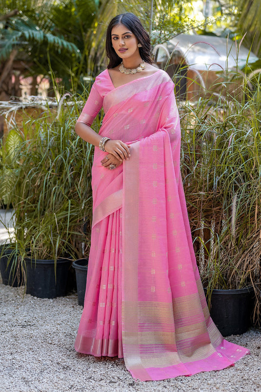 Delightful Pink Color Zari Woven Border Pure Cotton Fabric Casual Saree