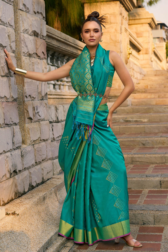 Appealing Weaving Work On Art Silk Fabric Saree In Sea Green Color