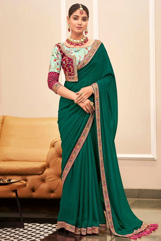 Green Color Glorious Fancy Fabric Saree With Border Work