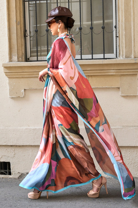 Multi Color Printed Work On Art Silk Fabric Stunning Saree